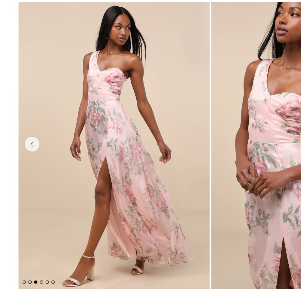 NWT Lulus Truly Extraordinary Pink Floral Organza One-Shoulder Maxi Dress
